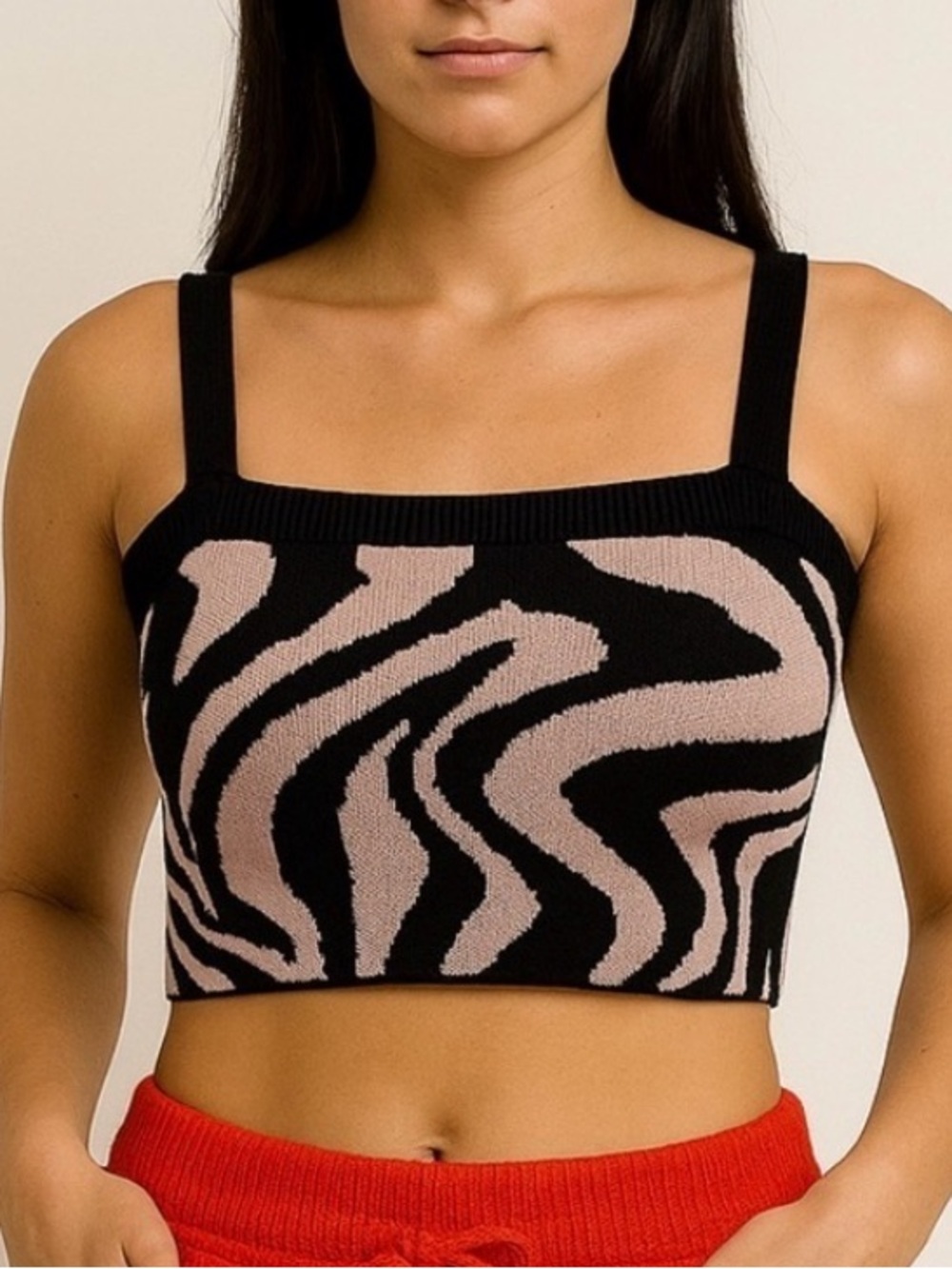 525 America Black and Pink Zebra Knit Crop Top